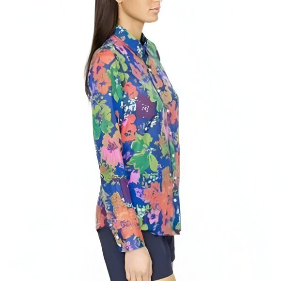 J Crew Navy Blue Green Pink Floral Lightweight Airy Cotton Silk Shirt Top XXS 00 - Picture 2 of 5